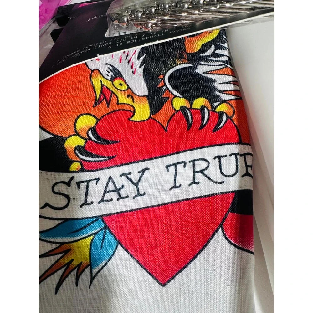 NWT Ed Hardy 14 Pc Shower Curtain Set Tattoo Eagle Heart Y2K Goth Bathroom Decor